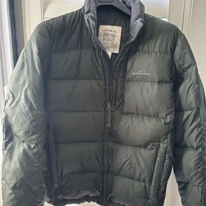 Eddie Bauer M  mens Dark olive Puffer Jacket premium goose down unisex